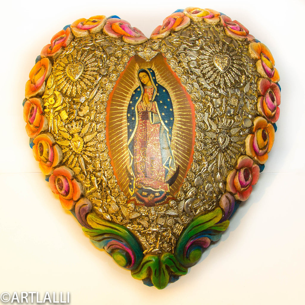 Wood Miracles Big Heart With Roses And Guadalupe Virgen
