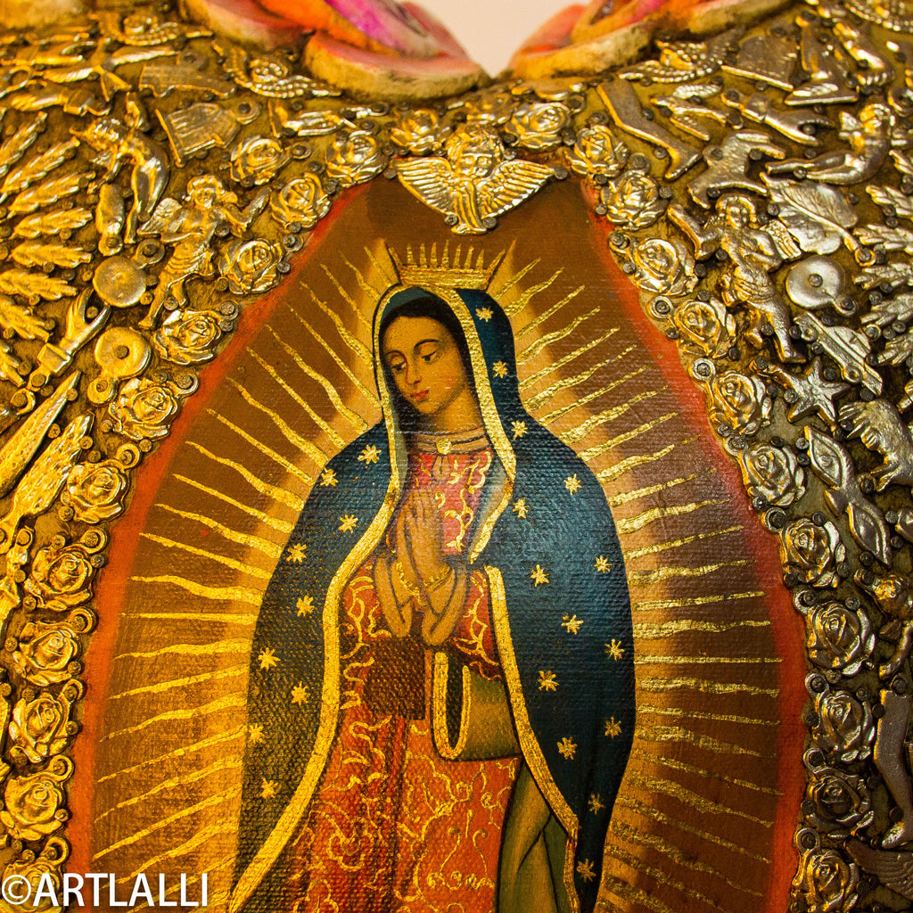 Wood Miracles Big Heart With Roses And Guadalupe Virgen